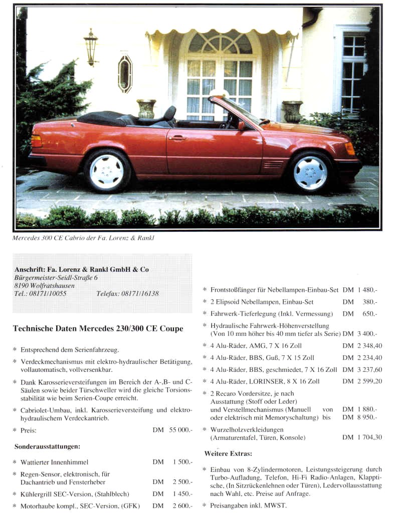 Lorenz & Rankl Prospekt Mercedes Cabrio 230 - 300 CE  Umbau
